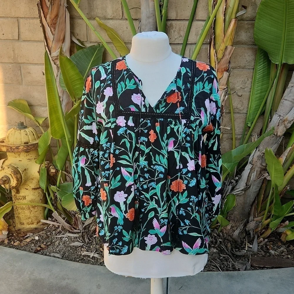 Kate Spade Jardin Floral Print Poplin V-Neck Tassel Blouse Top S